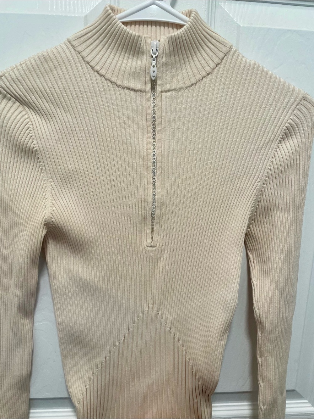Cache silk Cream Ribbed Zip-Up Long Sleeve Top
